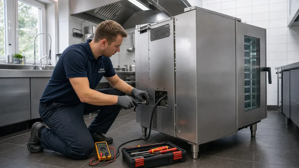 Technik Skup Gastro w rękawicach odłącza kabel zasilający pieca konwekcyjno-parowego, obok multimetr i skrzynka narzędziowa