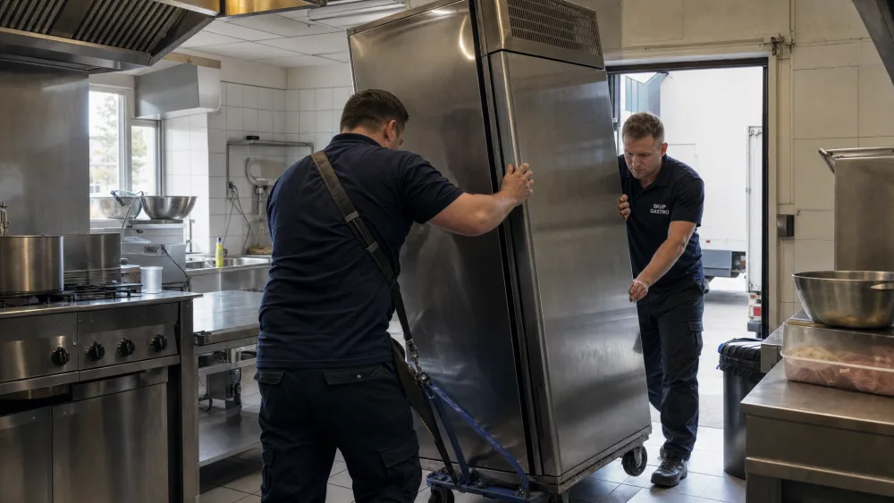 Dwóch pracowników Skup Gastro wywozi szafę chłodniczą na wózku transportowym przez drzwi do samochodu